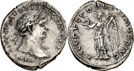(107 d.C.). Trajano. Denario. (Spink 3129 var) (S. 75a) (RIC. 128 var). 3,35 g. MBC+.