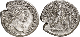 (110-111 d.C.). Trajano. Siria. Antioquía ad Orontem. Tetradracma. (S.GIC. 1077 var) (RPC. III, 3538). Defecto de cospel. 14,39 g. EBC-.