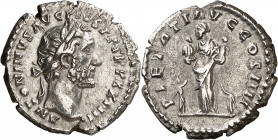 (160-161 d.C.). Antonino pío. Denario. (Spink 4098) (S. 631) (RIC. 313c). 2,71 g. MBC+.