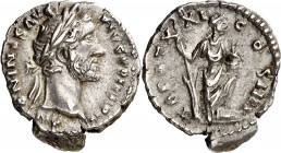 (157-158 d.C.). Antonino pío. Denario. (Spink 4128 var) (S. 1039) (RIC. 275). 3,17 g. EBC-.