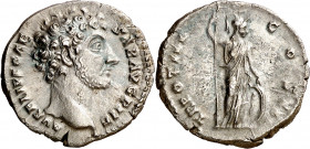 (148 d.C.). Marco Aurelio. Denario. (Spink 4787 var) (S. 618) (RIC. 444, de Antonino pío). 2,63 g. EBC/EBC-.