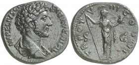 (153-154 d.C.). Marco Aurelio. Sestercio. (Spink 4815 var) (Co. 666) (RIC. 1312, de Antonino pío). Campos repasados. 25,49 g. (EBC-).