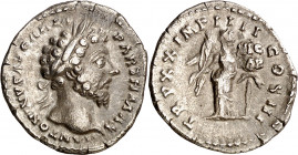 (166 d.C.). Marco Aurelio. Denario. (Spink 4933) (S. 878) (RIC. 163). 3,05 g. MBC+/MBC.
