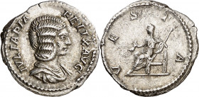 (215 d.C.). Julia Domna. Denario. (Spink 7109) (S. 226) (RIC. 391, de Caracalla). 3,09 g. MBC+.