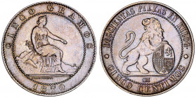 1870. Gobierno Provisional. Barcelona. OM. 5 céntimos. (AC. 5) (AC.pdf 6). Limpiada. 4,76 g. MBC/MBC+.