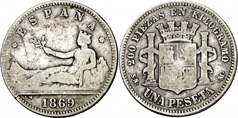 1869*----. Gobierno Provisional. SNM. 1 peseta. (AC. 17). ESPAÑA. Rara. 4,78 g. ...