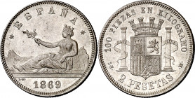 1869*1869. Gobierno Provisional. SNM. 2 pesetas. (AC. 22). Bella. Brillo original. Escasa así. 9,97 g. EBC+.