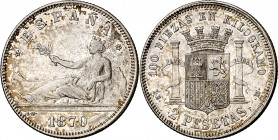 1870*1874. Gobierno Provisional. DEM. 2 pesetas. (AC. 31). Pátina irregular. Parte de brillo original. 9,96 g. EBC-.
