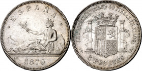 1870*1870. Gobierno Provisional. SNM. 5 pesetas. (AC. 39). Rayitas. 24,98 g. MBC.