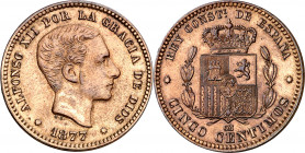 1877. Alfonso XII. Barcelona. OM. 5 céntimos. (AC. 4). 4,95 g. MBC+.