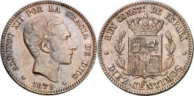 1879. Alfonso XII. Barcelona. OM. 10 céntimos. (AC. 10). Manchitas. 9,85 g. EBC-.