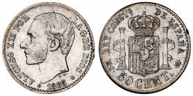 1885/1*86. Alfonso XII. MSM. 50 céntimos. (AC. 13). 2,40 g. MBC-.