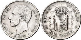 1881*1-81. Alfonso XII. MSM. 1 peseta. (AC. 17). Escasa. 4,88 g. MBC-/BC+.