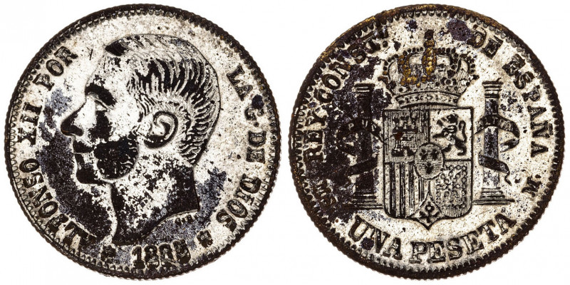 1885*----. Alfonso XII. MSM. 1 peseta. (Barrera 1020). Falsa de época en cobre p...