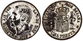 1885*----. Alfonso XII. MSM. 1 peseta. (Barrera 1020). Falsa de época en cobre plateado. 4,46 g. MBC.