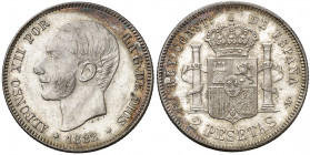 1882*1---. Alfonso XII. MSM. 2 pesetas. (AC. 32). Segunda estrella anepígrafa. Muy bella. Brillo original. 10,01 g. EBC+/EBC.