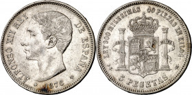 1876*1-76. Alfonso XII. DEM. 5 pesetas. (AC. 37). Pabellón de la oreja rayado. Golpecitos. 24,86 g. MBC-/BC+.