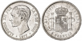 1877*1877. Alfonso XII. DEM. 5 pesetas. (AC. 38). 25,09 g. BC+.