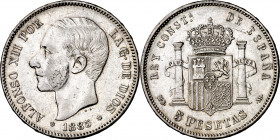 1885*1887. Alfonso XII. MSM. 5 pesetas. (AC. 62). Golpecitos. 24,74 g. MBC.