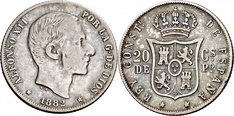 1882. Alfonso XII. Manila. 20 centavos. (AC. 107). Bonita pátina. 5,06 g. MBC-/M...