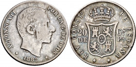 1882. Alfonso XII. Manila. 20 centavos. (AC. 107). Bonita pátina. 5,06 g. MBC-/MBC.