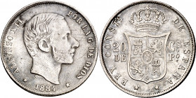 1884. Alfonso XII. Manila. 20 centavos. (AC. 110). Rayitas. Escasa. 5,05 g. MBC/MBC-.
