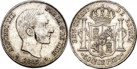 1885. Alfonso XII. Manila. 50 centavos. (AC. 124). Mínimas rayitas. Bella. Brillo original. 12,95 g. EBC+/S/C-.