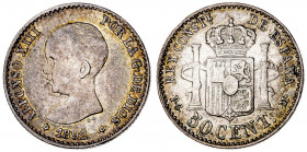 1892*92. Alfonso XIII. PGM. 50 céntimos. (AC. 38). Pátina. 2,45 g. MBC/MBC-.