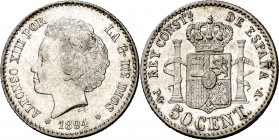1894*94. Alfonso XIII. PGV. 50 céntimos. (AC. 43). Leves rayitas. Parte de brillo original. 2,49 g. MBC+/EBC-.