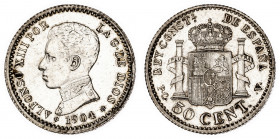 1904*10. Alfonso XIII. PCV. 50 céntimos. (AC. 47). 2,49 g. EBC+.