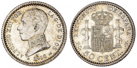 1910*10. Alfonso XIII. PCV. 50 céntimos. (AC. 48). Rayita. Bella. 2,48 g. S/C-.