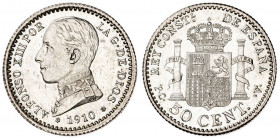 1910*10. Alfonso XIII. PCV. 50 céntimos. (AC. 48). Bella. Ex Áureo 15/01/1992, nº 2913. 2,44 g. S/C.