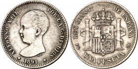1891*--91. Alfonso XIII. PGM. 1 peseta. (AC. 53). 4,91 g. MBC+/MBC.