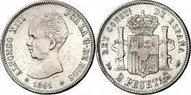 1891*1891. Alfonso XIII. PGM. 2 pesetas. (AC. 84). Muy escasa. 9,88 g. MBC/BC+.