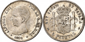 1892*1892. Alfonso XIII. PGM. 2 pesetas. (AC. 85). Golpecitos. Buen ejemplar. 9,96 g. MBC+.
