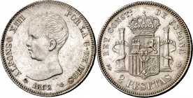 1892*1892. Alfonso XIII. PGM. 2 pesetas. (AC. 85). Leves rayitas. Atractiva. Parte de brillo original. Escasa así. 10,04 g. EBC-.