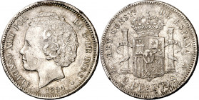 1894*----. Alfonso XIII. PGV. 2 pesetas. (AC. 86). Escasa. 9,96 g. MBC/MBC-.