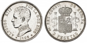 1905*1905. Alfonso XIII. SMV. 2 pesetas. (AC. 88). Limpiada. 9,97 g. EBC-.