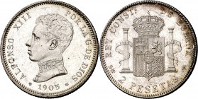 1905*1905. Alfonso XIII. SMV. 2 pesetas. (AC. 88). Leves rayitas. Brillo original. 9,95 g. EBC+/S/C-.