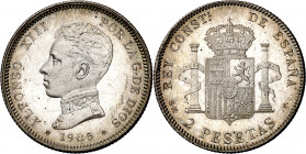 1905*1905. Alfonso XIII. SMV. 2 pesetas. (AC. 88). Leves rayitas. Bella. Brillo original. 9,91 g. S/C-.