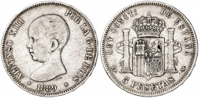 1889*1889. Alfonso XIII. MPM. 5 pesetas. (AC. 93). 24,77 g. BC+.