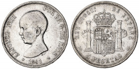1891*1891. Alfonso XIII. PGM. 5 pesetas. (AC. 98). 24,75 g. BC+.