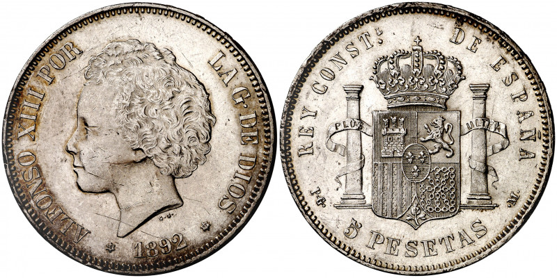 1892*1892. Alfonso XIII. PGM. 5 pesetas. (AC. 100). Tipo "bucles". Rayitas. Buen...