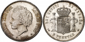 1892*1892. Alfonso XIII. PGM. 5 pesetas. (AC. 100). Tipo "bucles". Rayitas. Buen ejemplar. Escasa así. 24,92 g. MBC+/EBC-.