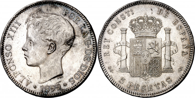 1899*1899. Alfonso XIII. SGV. 5 pesetas. (AC. 110). Golpecitos. Parte de brillo ...