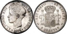 1899*1899. Alfonso XIII. SGV. 5 pesetas. (AC. 110). Golpecitos. Parte de brillo original. 25,05 g. EBC-/EBC.
