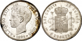 1899*1899. Alfonso XIII. SGV. 5 pesetas. (AC. 110). Manchitas. Brillo original. 25,09 g. (EBC+).