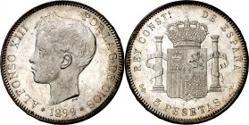 1899*1899. Alfonso XIII. SGV. 5 pesetas. (AC. 110). Bella. Brillo original. 24,89 g. S/C-.