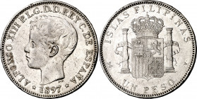 1897. Alfonso XIII. Manila. SGV. 1 peso. (AC. 122). Golpecitos. Escasa. 25,05 g. MBC.
