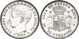 1895. Alfonso XIII. Puerto Rico. PGV. 20 centavos. (AC. 126). Pulida. Escasa. 5 g. (MBC-).